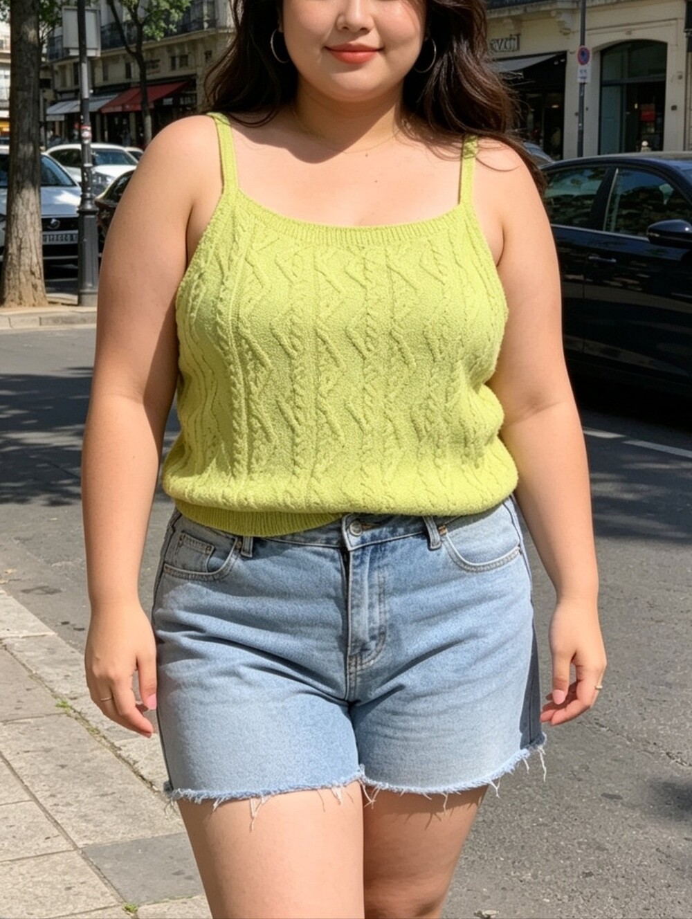 Dex Lime Cable Knit Spaghetti Strap Tank Top 2X | Soft Knit Cami